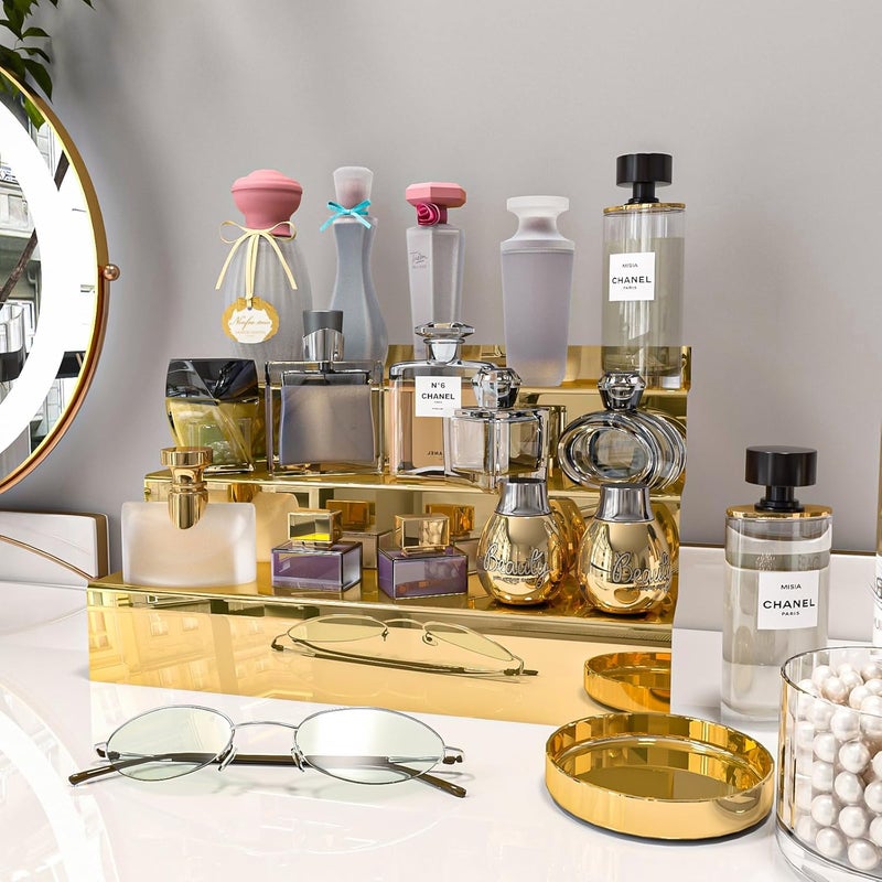 YMVV 12 IN Mirror Gold Acrylic 3 Tier Display Riser Perfume Organizer, Perfume Cologne Organizer Holder, Pops Toy Figures, Clear Cupcake Riser, Dessert Shelf - Image 4